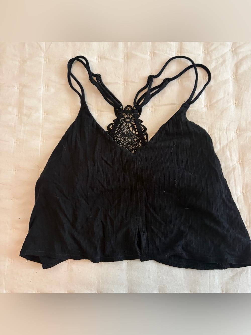 aerie Black Lace-Detail Ribbed Camisole